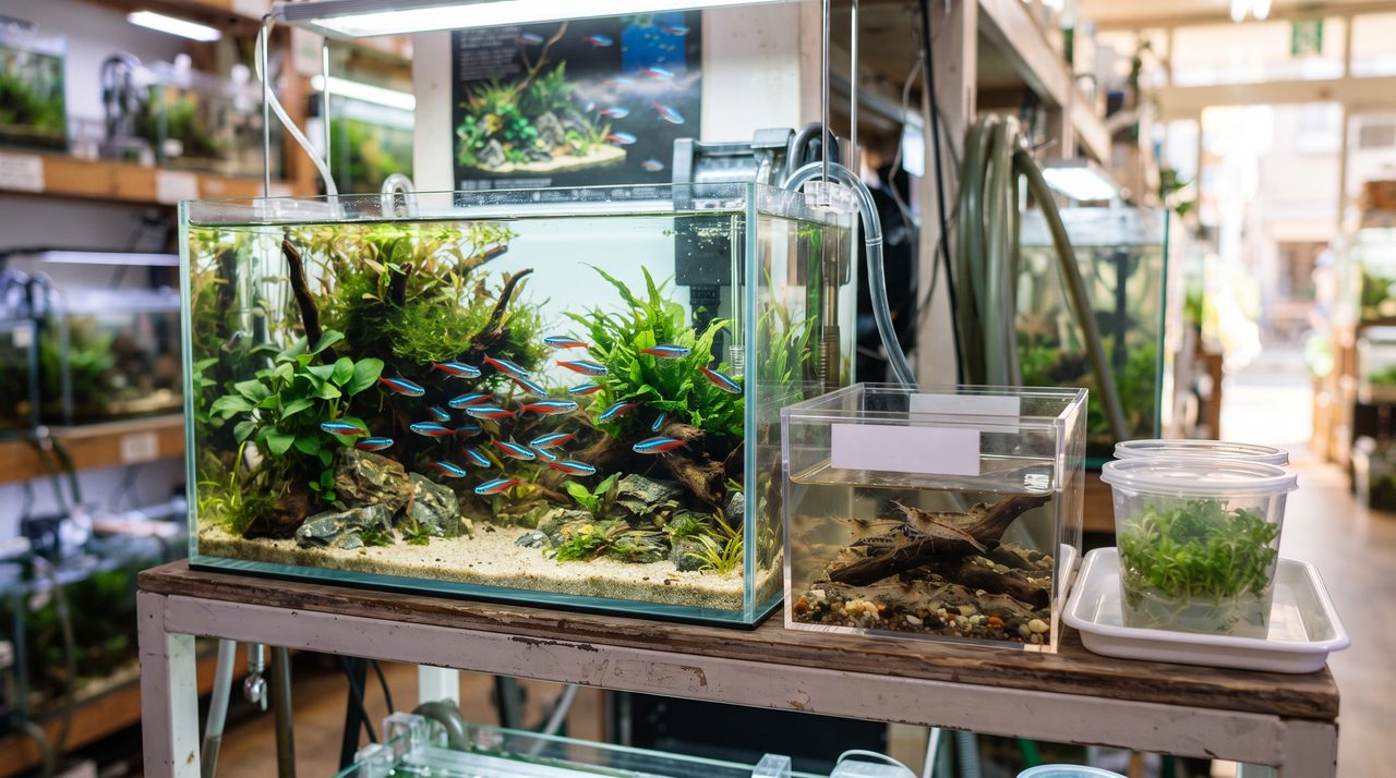 ショップの水槽を泳ぐネオンテトラの群れと、容器に入ったヤマトヌマエビ・水草の苗
