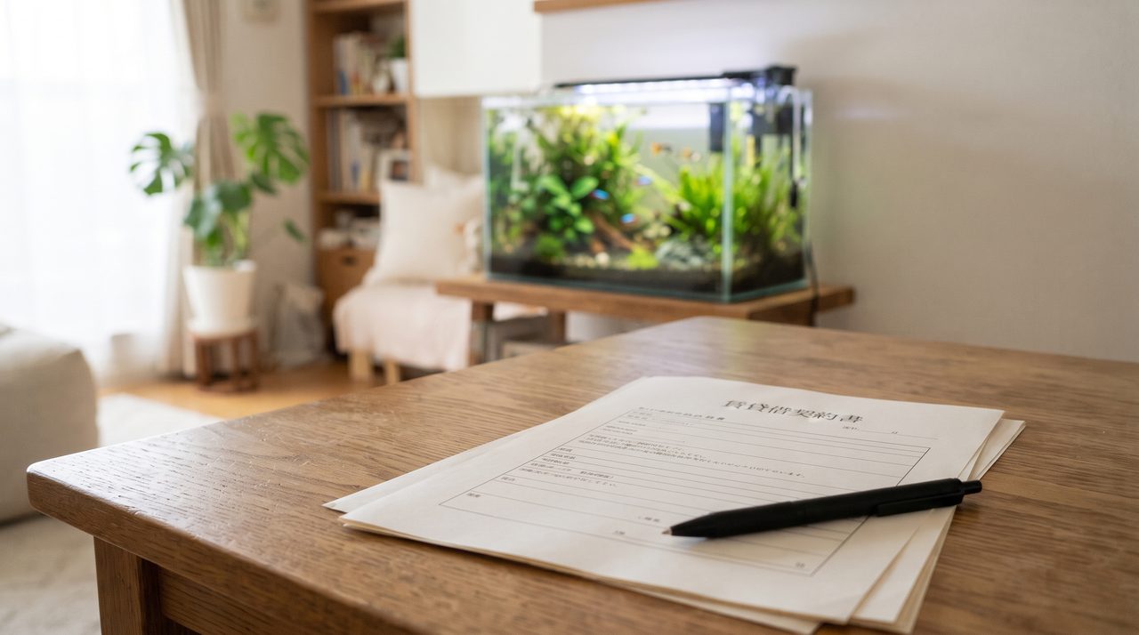 テーブルに置かれた賃貸借契約書とペン、奥に小さな水槽が見える部屋