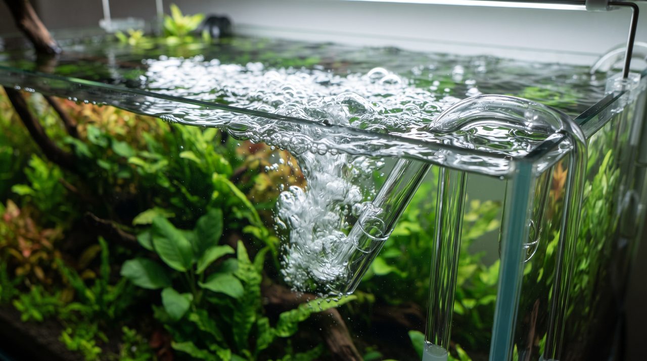 フィルターの吐出口からきれいな水が水槽に流れ込んでいる様子のクローズアップ