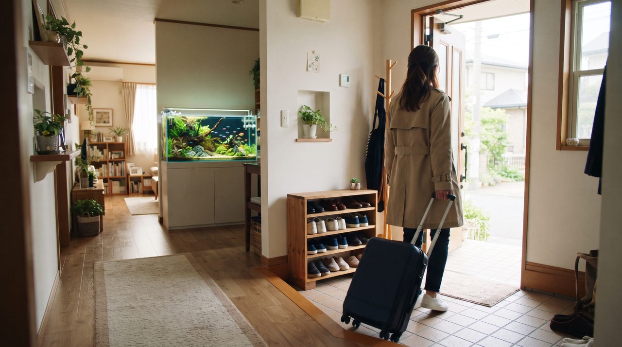 スーツケースを持って玄関を出ようとする人物の後ろ姿と、部屋の奥の水槽