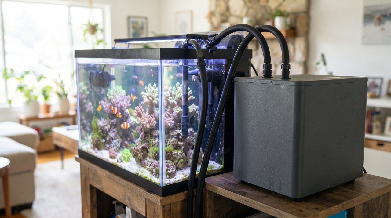 水槽の脇に設置された箱型の水槽用クーラー本体とホース