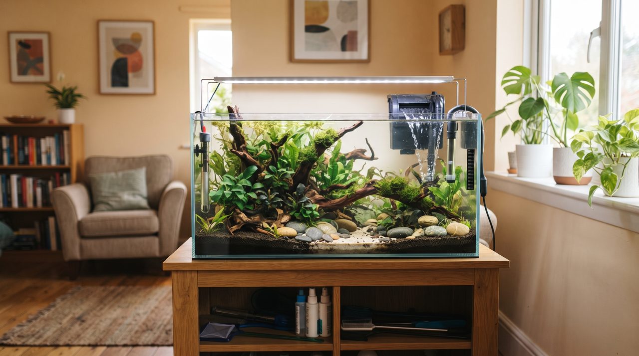 レイアウトを組み終え、あとは魚を迎えるだけになった水槽のある部屋