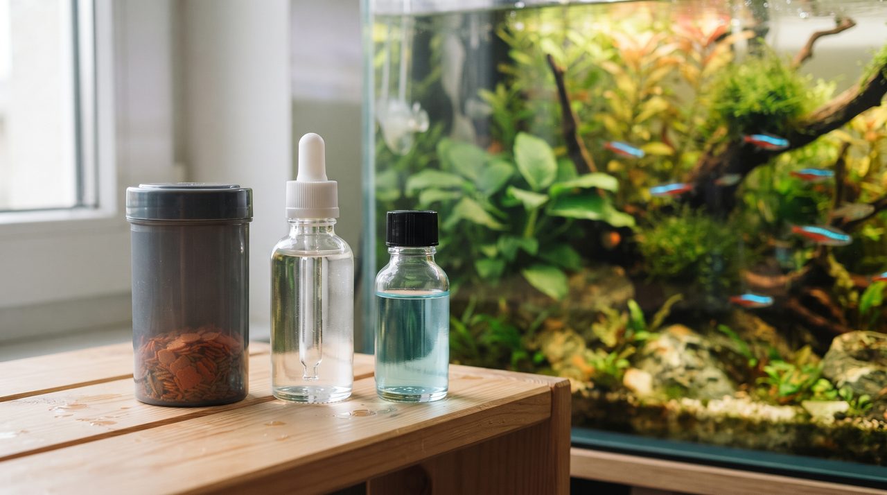 エサと水質調整剤のボトルを水槽のそばに並べた写真