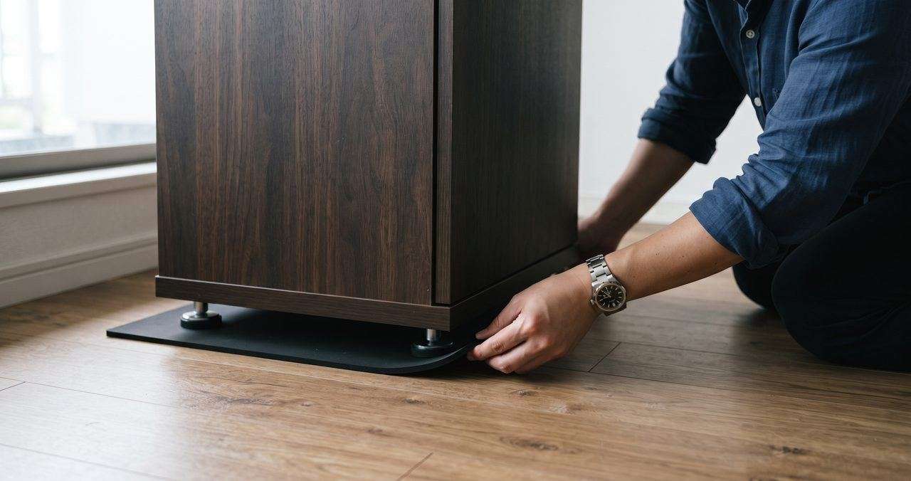 賃貸の部屋のフローリングに水槽台を設置し、脚の下に防振マットを敷いている様子