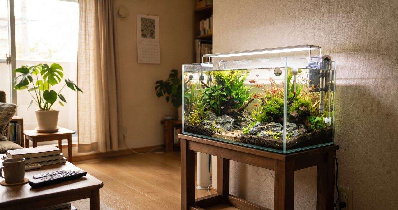 賃貸マンションの一室に置かれた小型の熱帯魚水槽