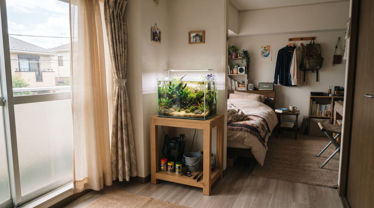 一人暮らしのワンルームの部屋の隅に置かれた小型水槽と部屋全体の広さのバランス
