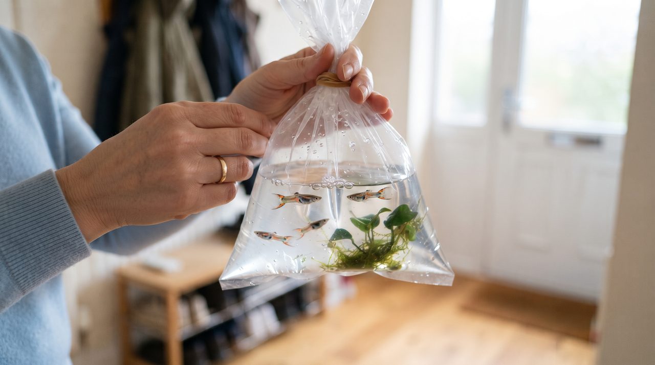 ショップで購入した熱帯魚が入った透明なビニール袋を両手で持っている様子