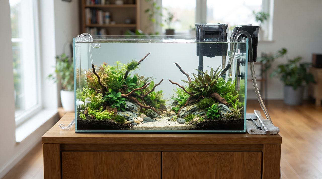 水を張ったばかりでまだ魚が入っていない、静かなガラス水槽の全体像