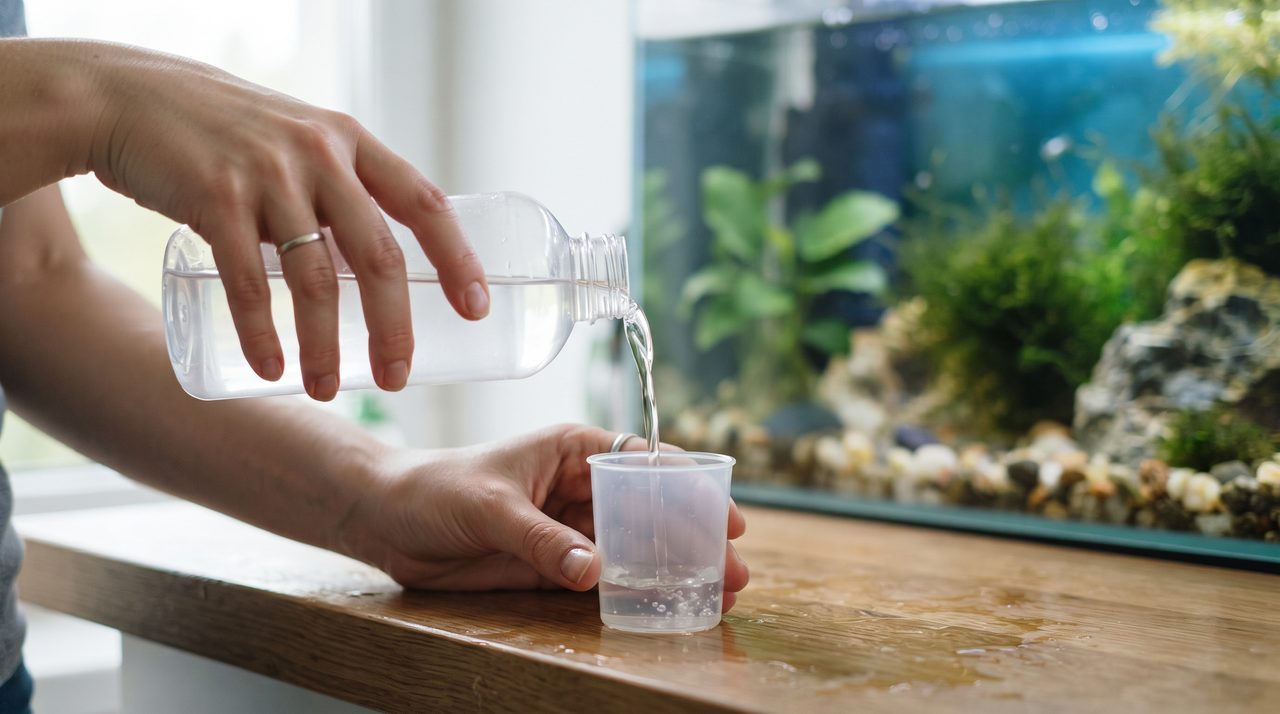 ボトルに入ったカルキ抜き剤を計量カップに注いでいる手元、背景には水を張った水槽