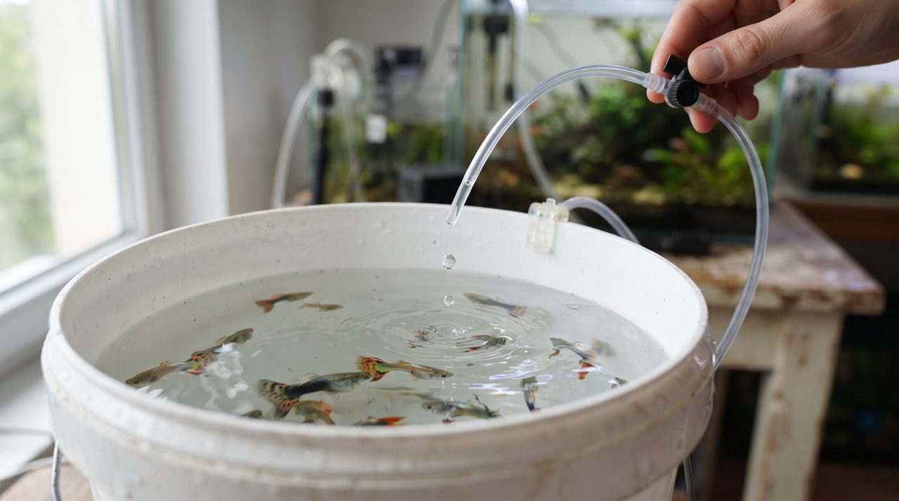 バケツの中でエアチューブから水槽の水がゆっくり点滴のように注がれている様子