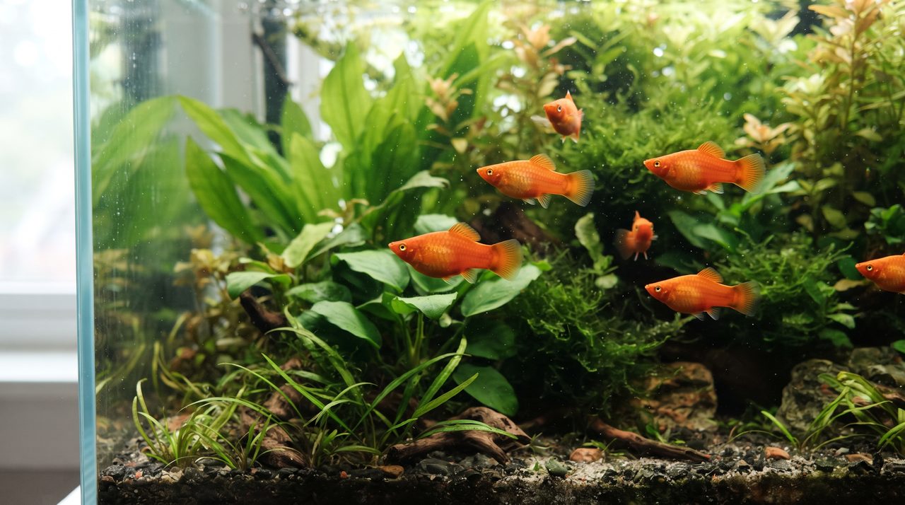 水草の茂った水槽の中を泳ぐ、オレンジがかった赤色でずんぐりとした体形のプラティ