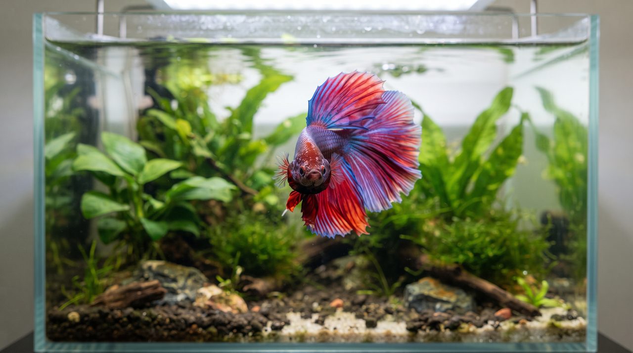 単独飼育の水槽の中で、ベタが色鮮やかなヒレを大きく広げて泳いでいる様子