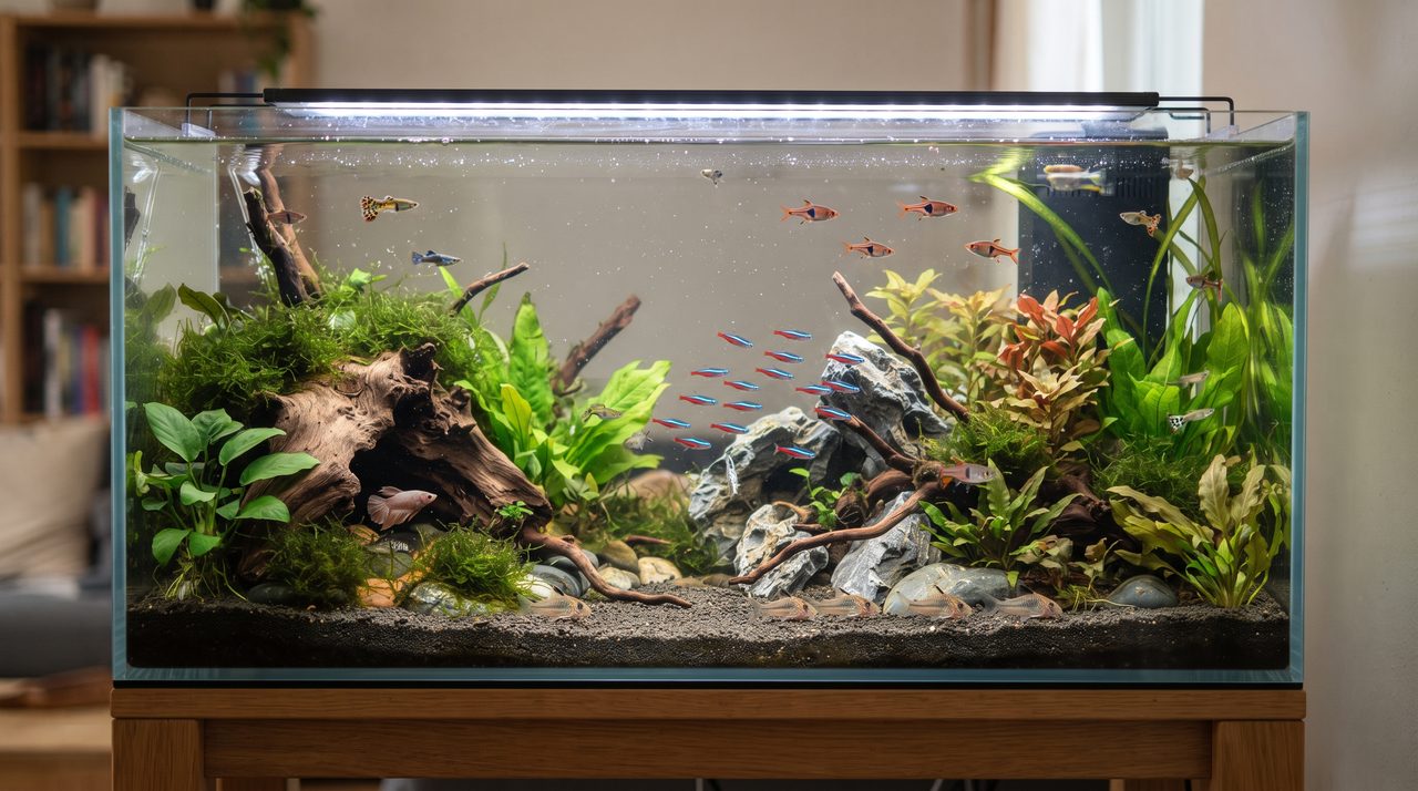 流木や石、水草で隠れ家をいくつも作った水槽の中で、小型の熱帯魚たちが落ち着いて過ごしている様子