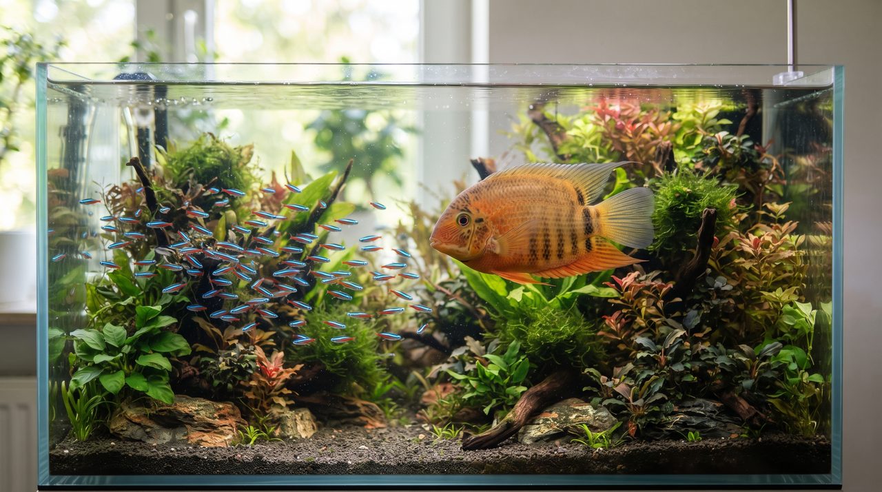 同じ水槽の中で、小さな魚の群れのそばを、ひとまわり大きな魚が悠然と泳いでいる、体格差のある混泳の様子
