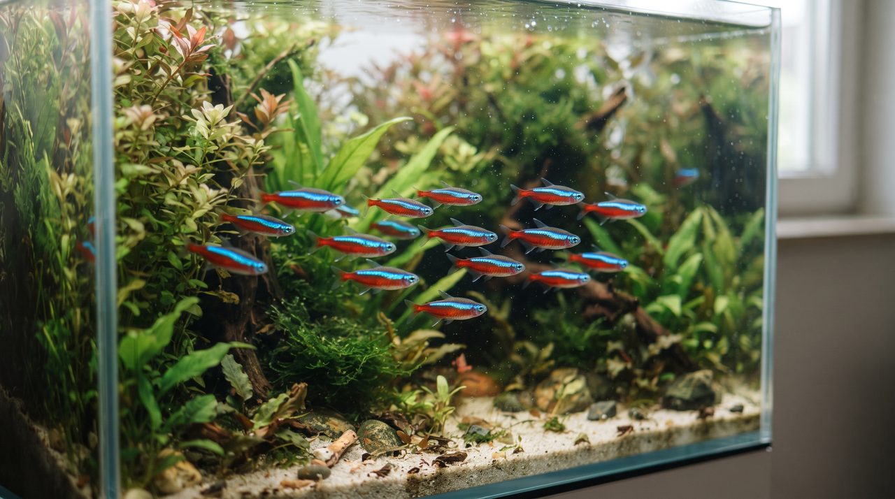 水草の茂った水槽の中層で、赤と青のラインが美しい小型テトラの群れが寄り添うように泳いでいる様子
