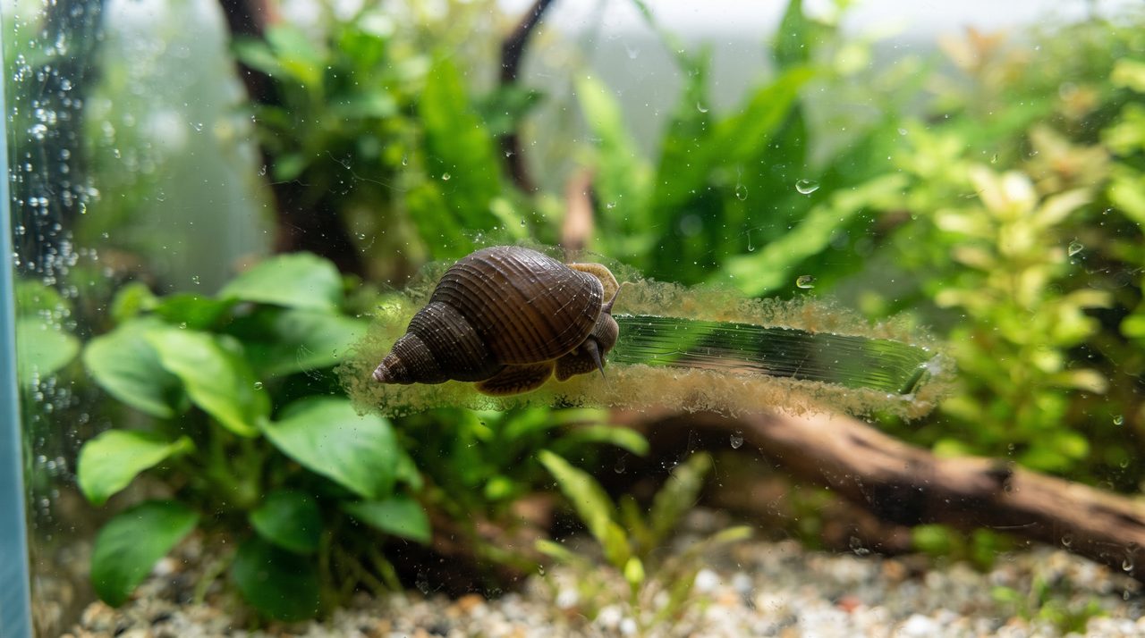 水槽のガラス面についた薄茶色のコケを、黒っぽい殻の石巻貝が這いながら掃除している様子