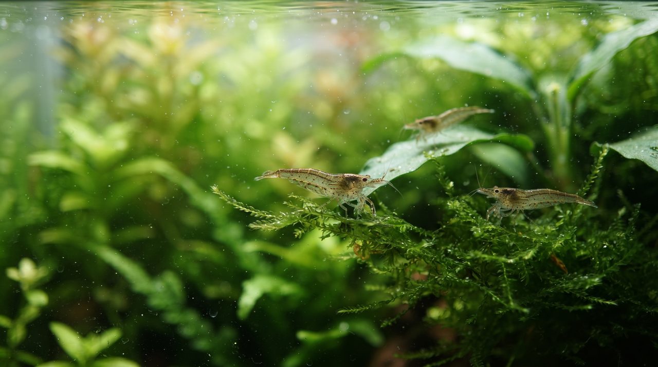 水草の茂った水槽で、透明感のある小さなミナミヌマエビが数匹、ガラス面や水草の表面のコケをついばんでいる様子