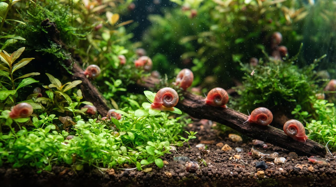 水草の葉の上を、赤みがかった小さな渦巻き状のラムズホーンが数匹這っている様子