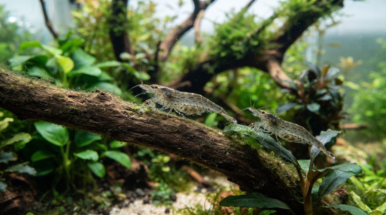 流木の表面についたコケを、ミナミヌマエビよりひとまわり大きなヤマトヌマエビが活発に食べている様子