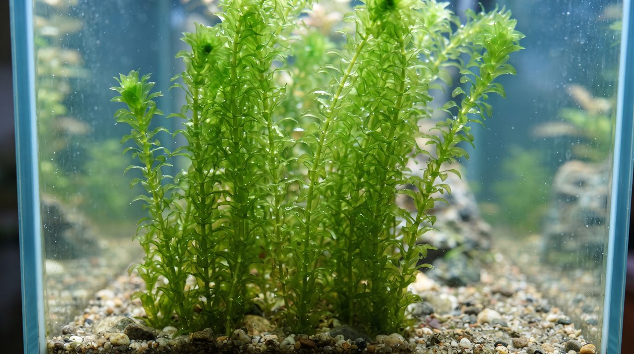 明るい緑色の細長い葉が茎に沿って生える水草アナカリスが、底砂にまっすぐ植えられて茂っている様子