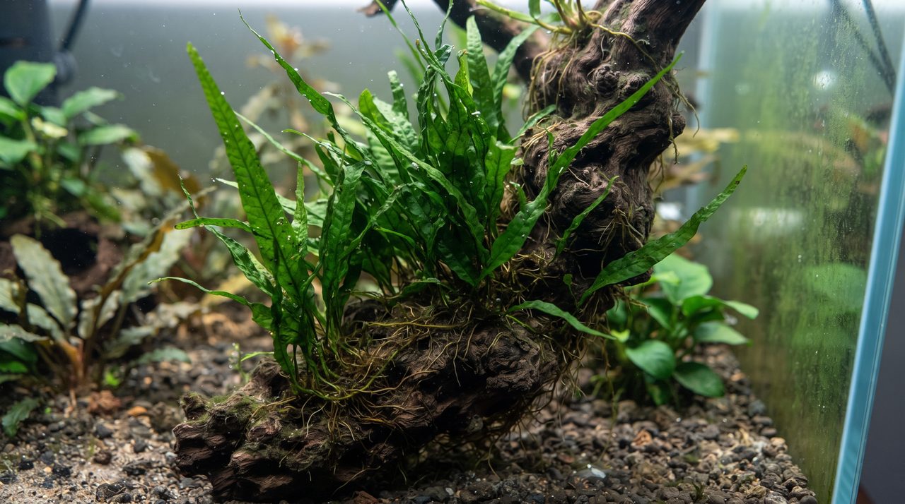 濃い緑色の細長く硬そうな葉を持つ水草ミクロソリウムが、流木の表面に根を張り付けて活着している様子