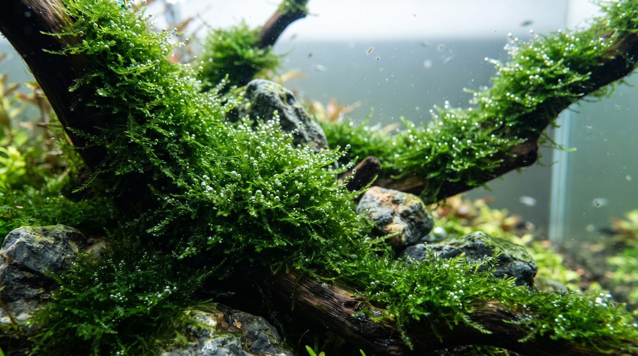 深緑色のこんもりとした苔状の水草ウィローモスが、流木や石の表面に絨毯のように絡みついている様子