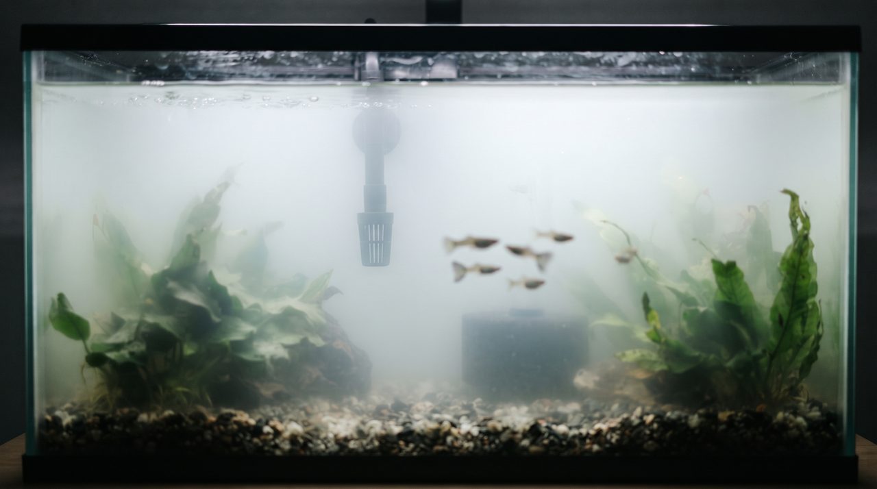 熱帯魚用の水槽の水がミルクのように白く濁り、奥のフィルターがぼんやりとしか見えない様子
