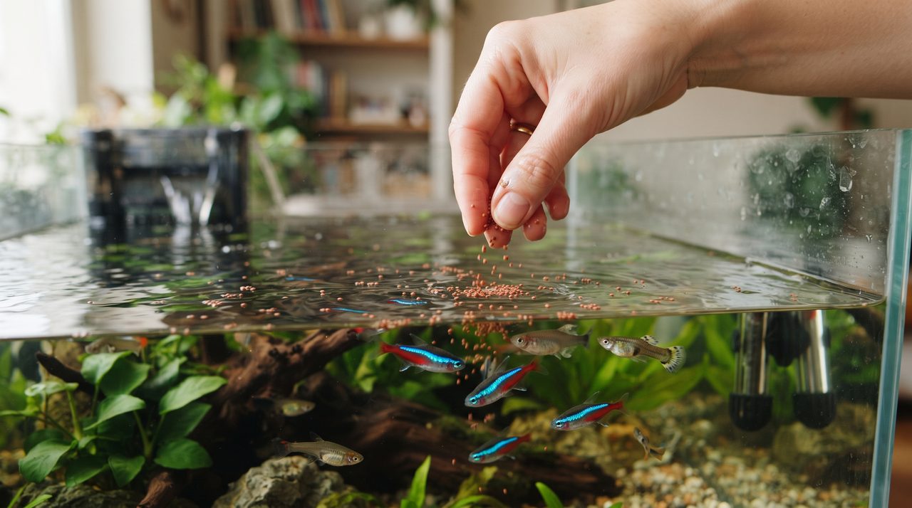 水槽の水面にエサをまいている手元、水面にエサの粒が浮かび魚が集まっている様子