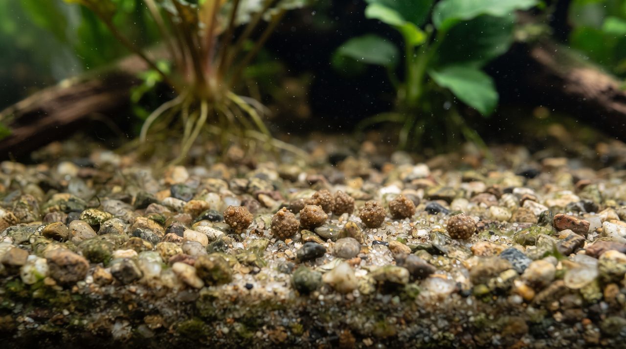 水槽の底の砂利に沈んだ食べ残しのエサの粒