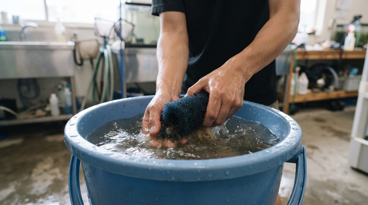 バケツに溜めた水の中でフィルターのスポンジ状のろ材をすすぎ洗いしている手元