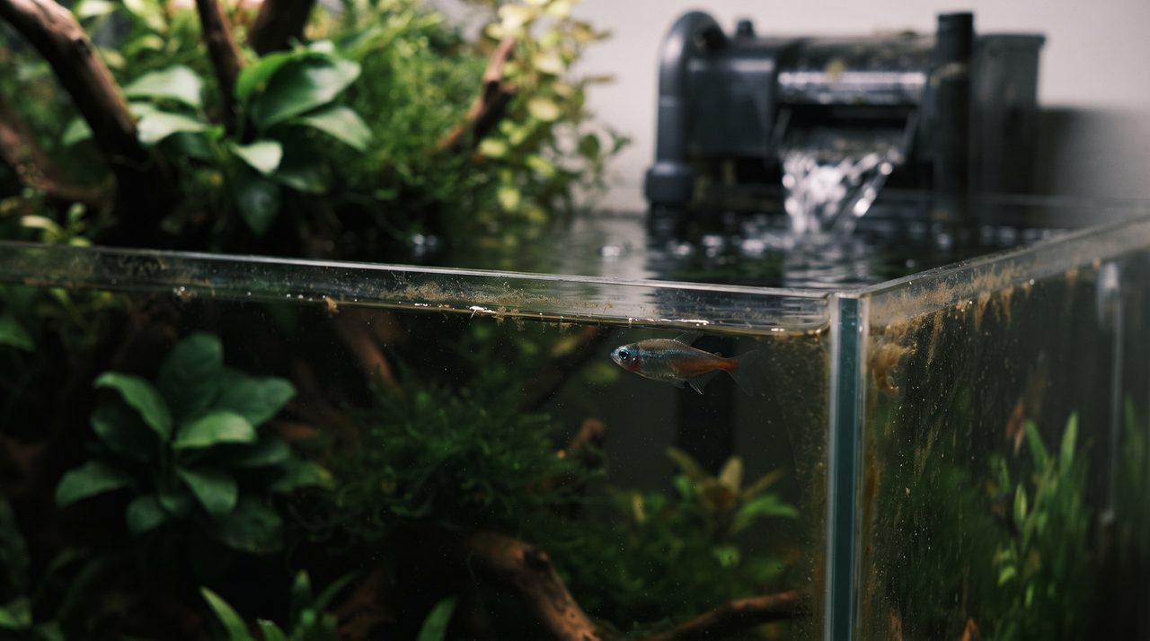 水面近くでじっと動かず元気のなさそうな魚と、うっすら茶色いぬめりが見える水槽ガラス面