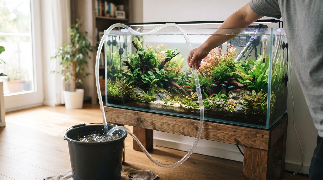 バケツとホースを使って水槽の水を一部抜き取り、水換え作業をしている様子