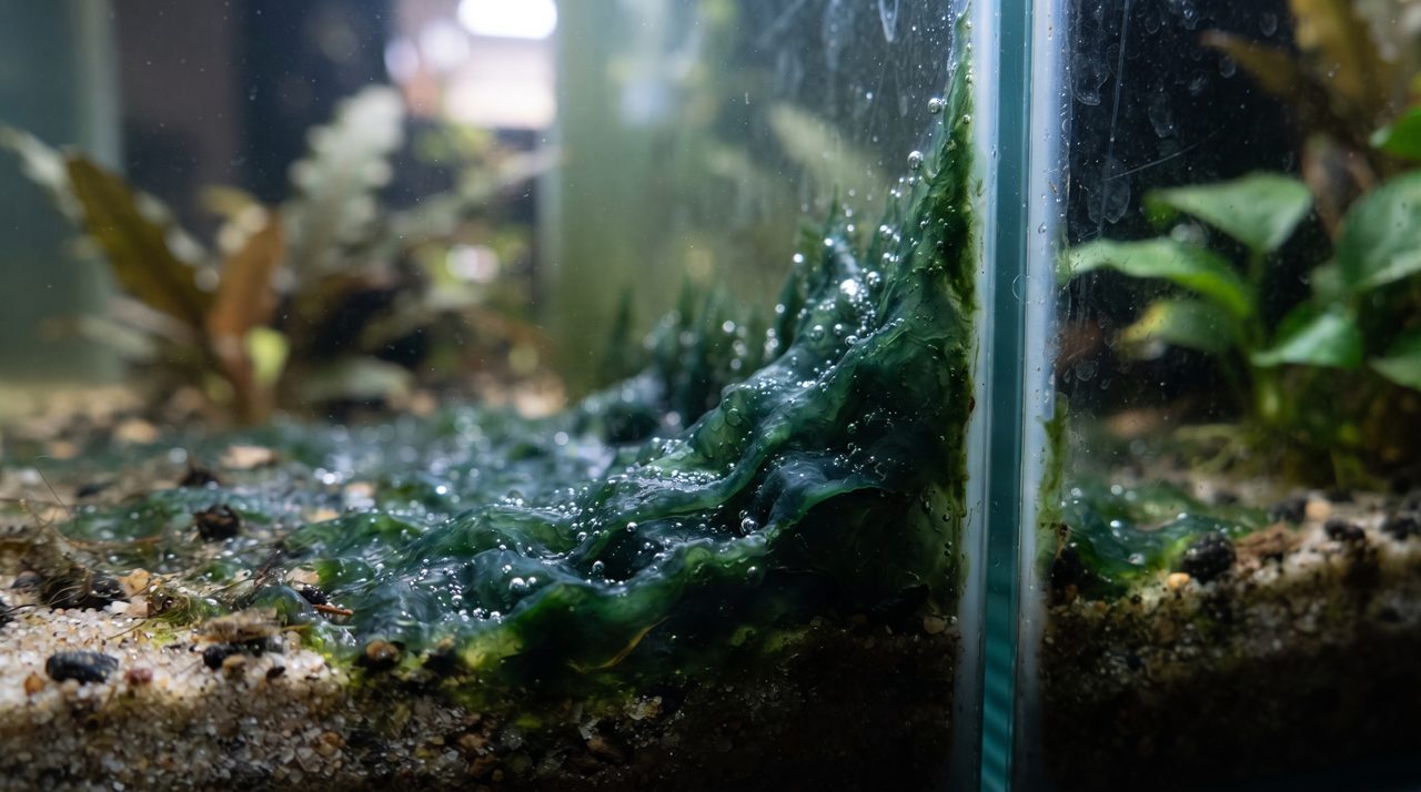 水槽の底砂やガラス面の隅を覆う青緑色のぬめりのある膜状の藍藻