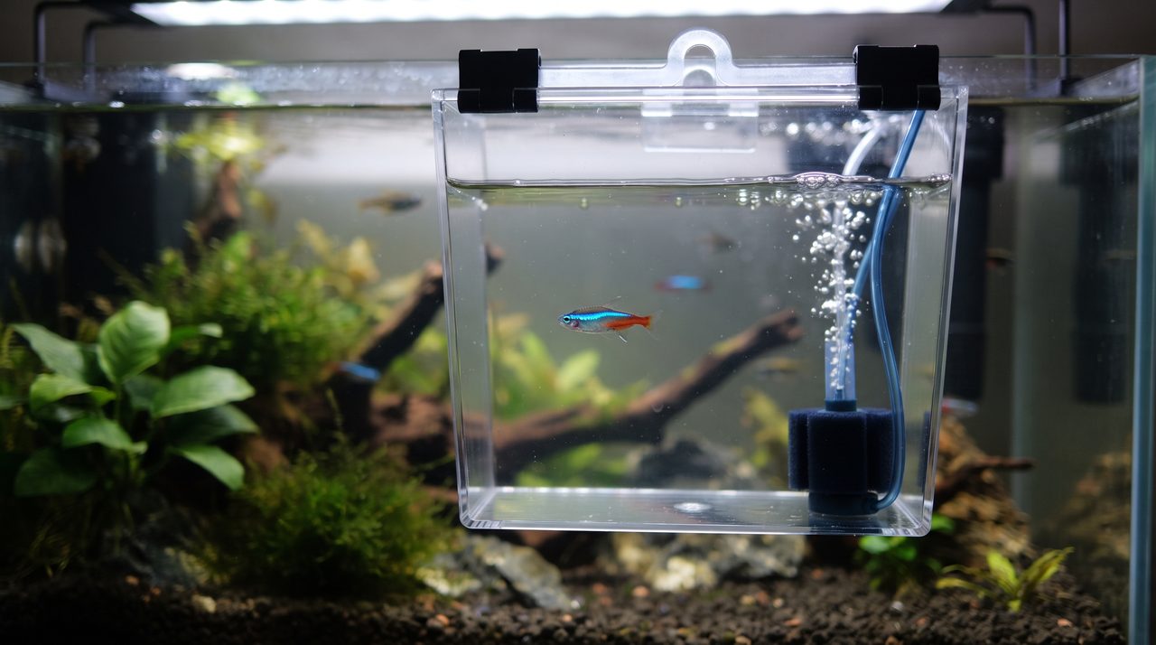 エアストーンで気泡を出している小さな透明の隔離容器の中を魚が泳いでいる様子