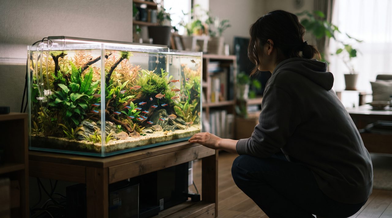 水槽をしゃがんでのぞき込み、魚の様子をじっくり観察している後ろ姿