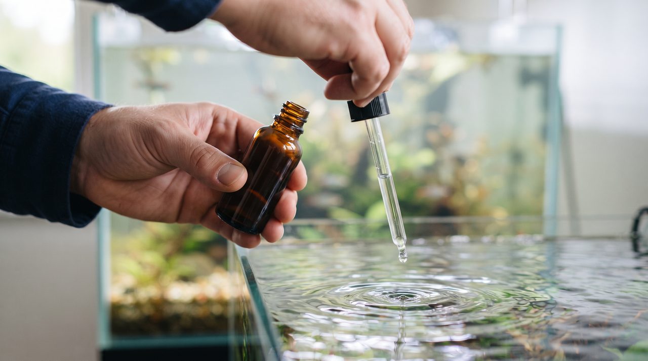観賞魚用の薬瓶からスポイトで液体をそっと水槽の水に垂らしている手元のクローズアップ