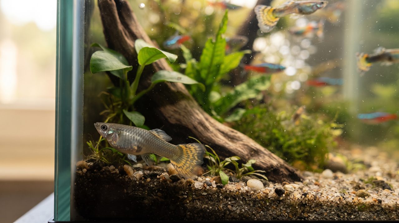 水槽の底の隅で、他の魚から離れて体を少し傾けたままじっと動かずにいる1匹の魚