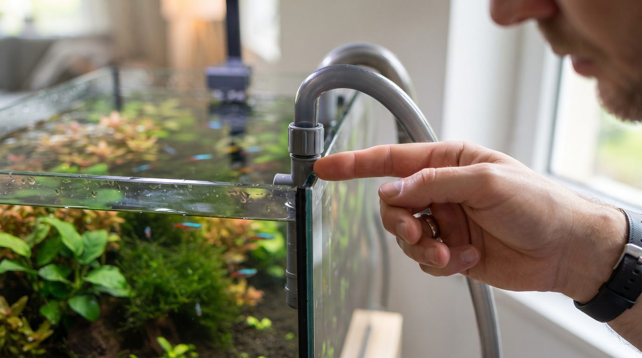 水槽の縁とフィルターホースの接続部分に指でそっと触れて、ゆるみがないか確認している手元のクローズアップ