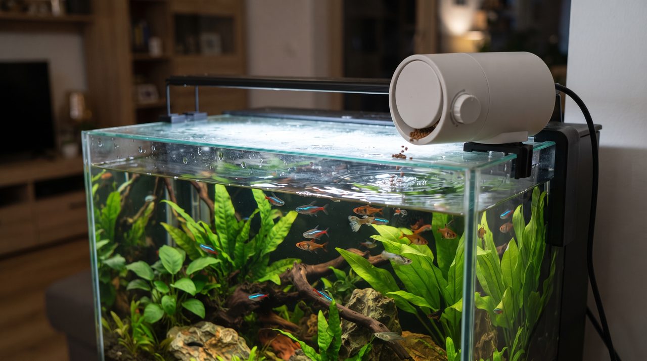 水槽の上に設置された自動給餌器と、その下で泳ぐ熱帯魚