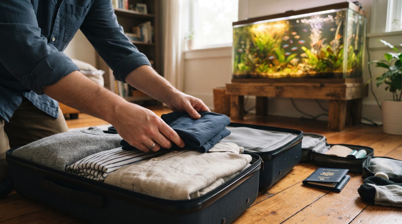 旅行の荷造りをする手元と、部屋の奥に置かれた水槽