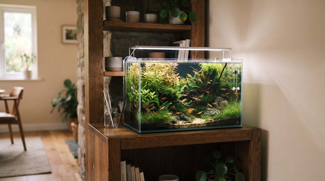 木製の棚の上に置かれた水草水槽を部屋ごと引きで撮影した様子
