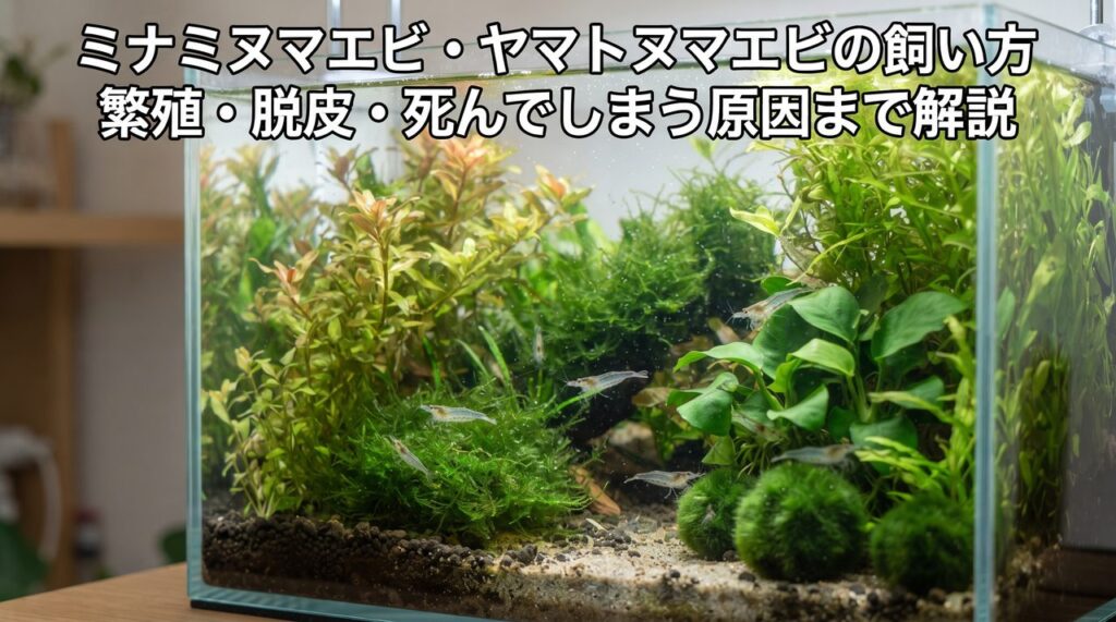 水草が茂ったガラス水槽の中でミナミヌマエビが数匹泳いでいる様子