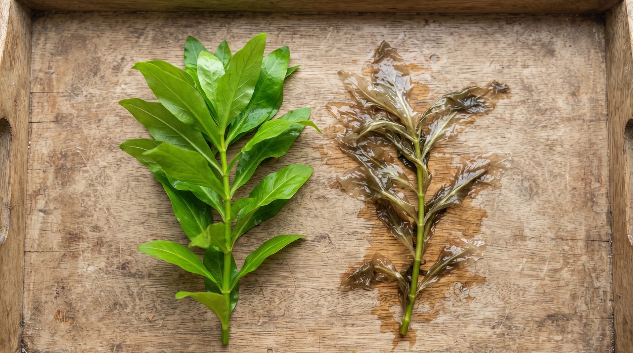 健康な水草の葉と溶けて傷んだ水草の葉を並べて比較した物撮り