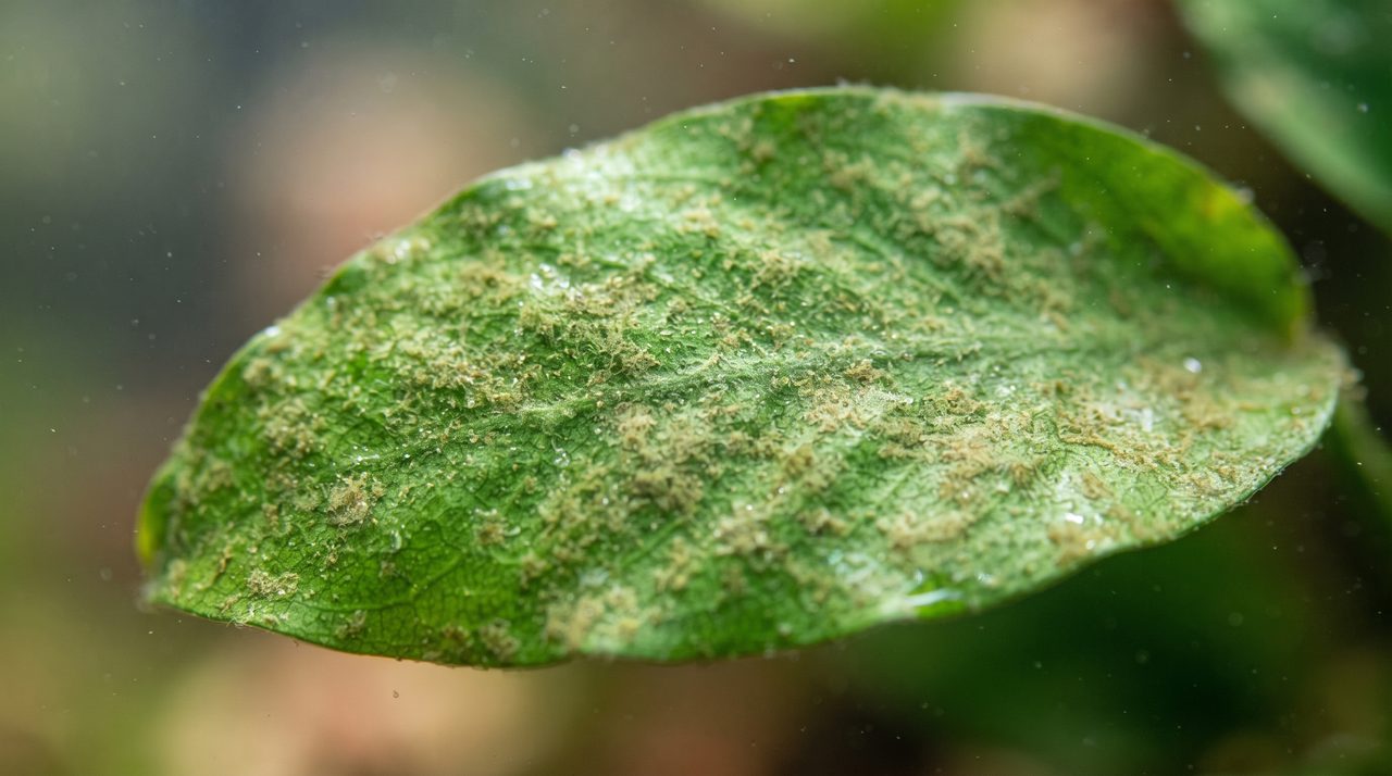 コケがまだら状に付着した水草の葉のマクロ接写