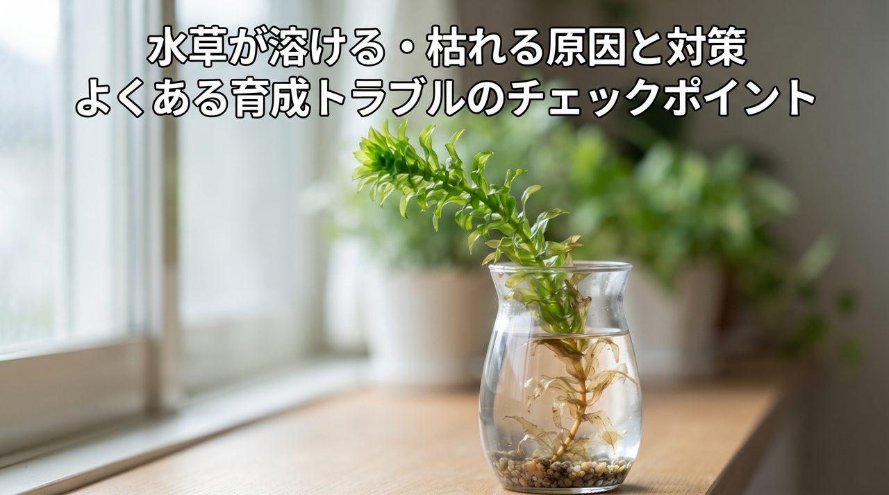 小さなガラスの器に活けた水草、下葉が透明っぽく色あせている様子