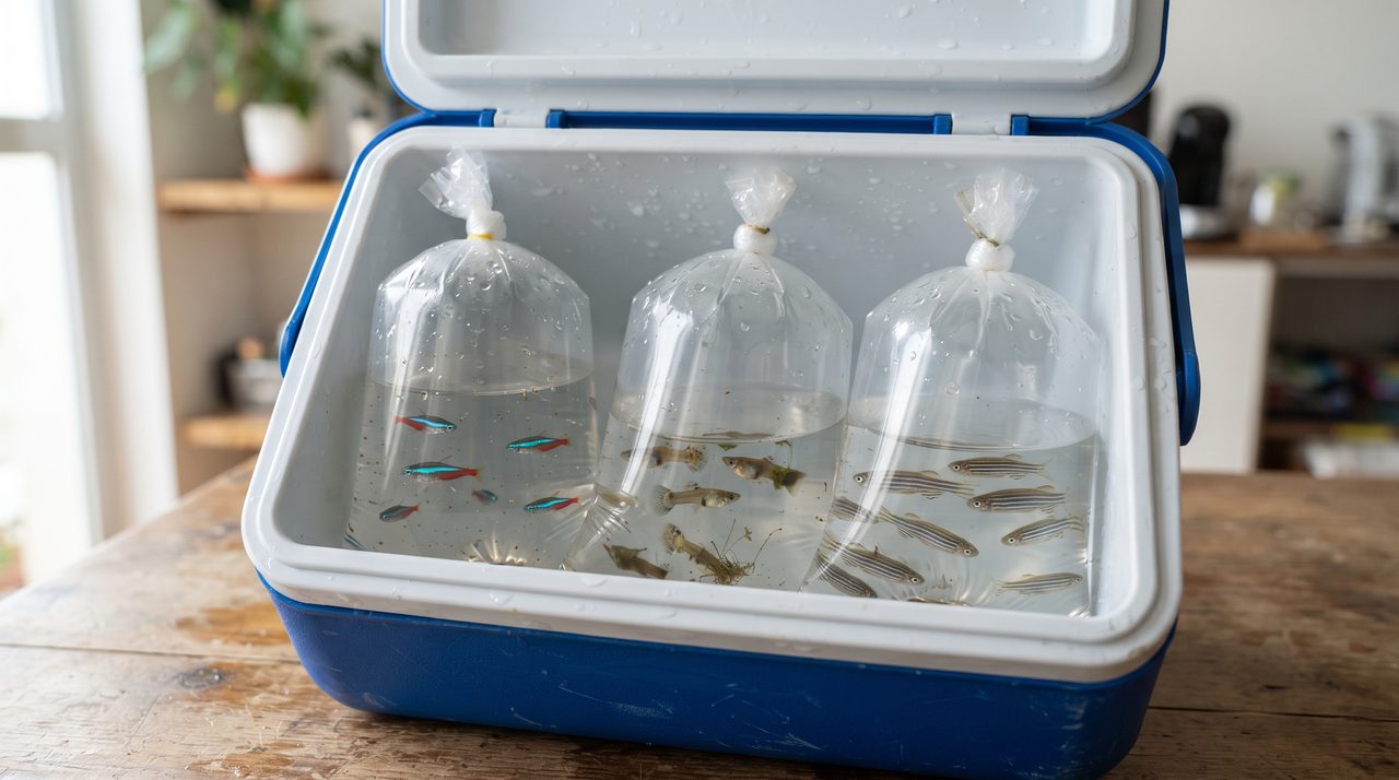 クーラーボックスの中に入れられた、魚を運ぶための密閉したビニール袋