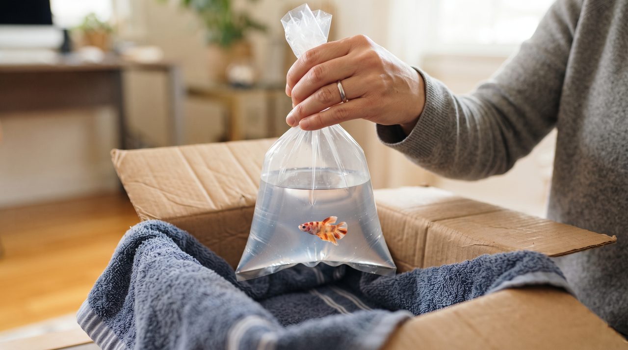 タオルを敷いた段ボール箱に魚の入った袋をそっと入れる手元
