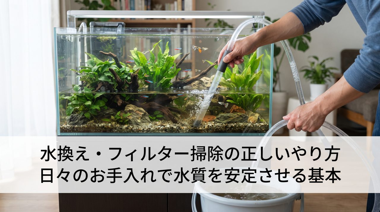 水槽の横でサイフォン式クリーナーとバケツを使って水換えをしている手元、水槽には水草と熱帯魚が見える