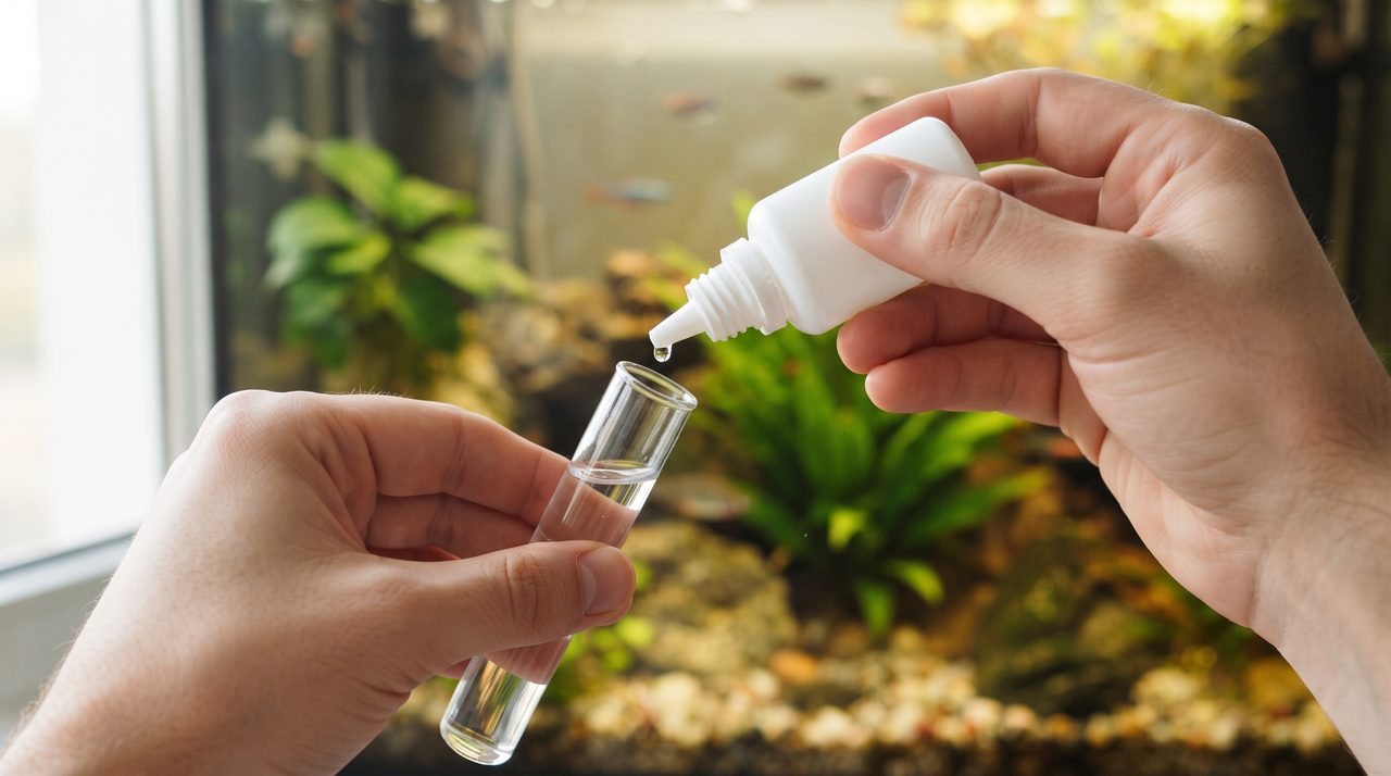 正面気味のアングルで液体試薬をスポイトから試験管に垂らしている手元、背景に自宅の水槽