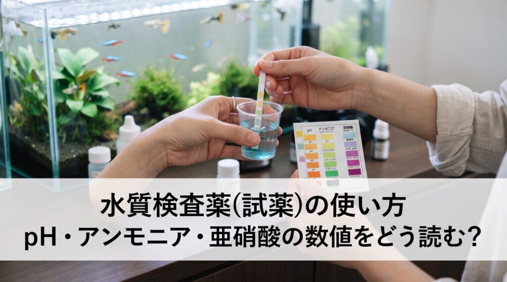 採取した水に試験紙を浸し、色見本表と見比べている手元、背景に熱帯魚の泳ぐ水槽